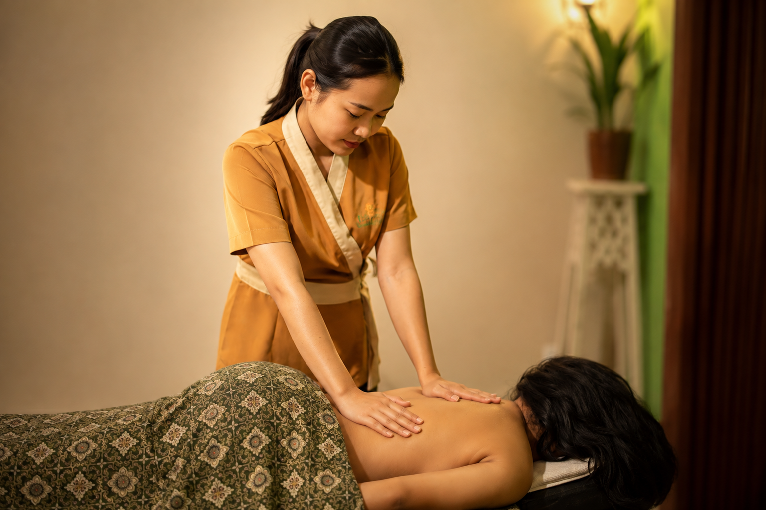 Therapist performing a Balinese massage at LuxMe Bali Spa